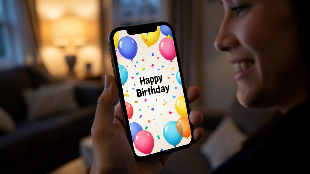 Une personne tient un smartphone affichant un message 'Joyeux Anniversaire' animé avec des ballons et des confettis.