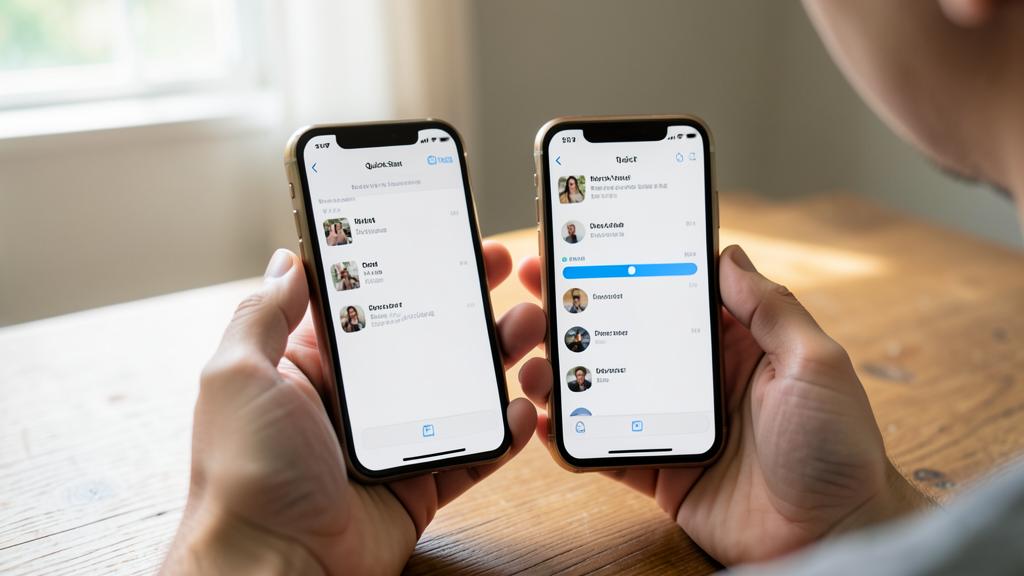 Une personne tient deux iPhones affichant l'écran de configuration Quick Start.
