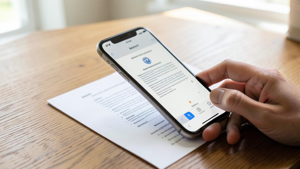 Une personne utilise un smartphone pour scanner un document sur une table en bois.