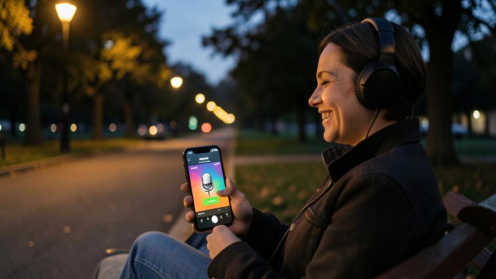 Eine Frau lächelt, während sie eine Podcast-App auf ihrem iPhone in einem Park bei Dämmerung nutzt.
