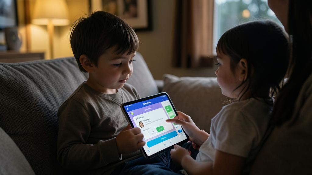 Two children look at a tablet displaying a parental control interface.