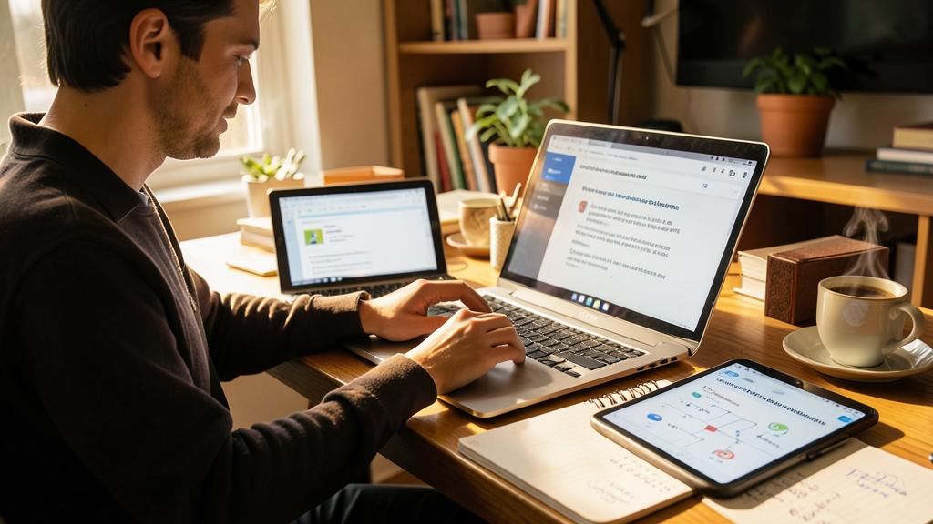 Ein Mann arbeitet an einem Schreibtisch mit einem Laptop, einem Tablet und einem Notizbuch.