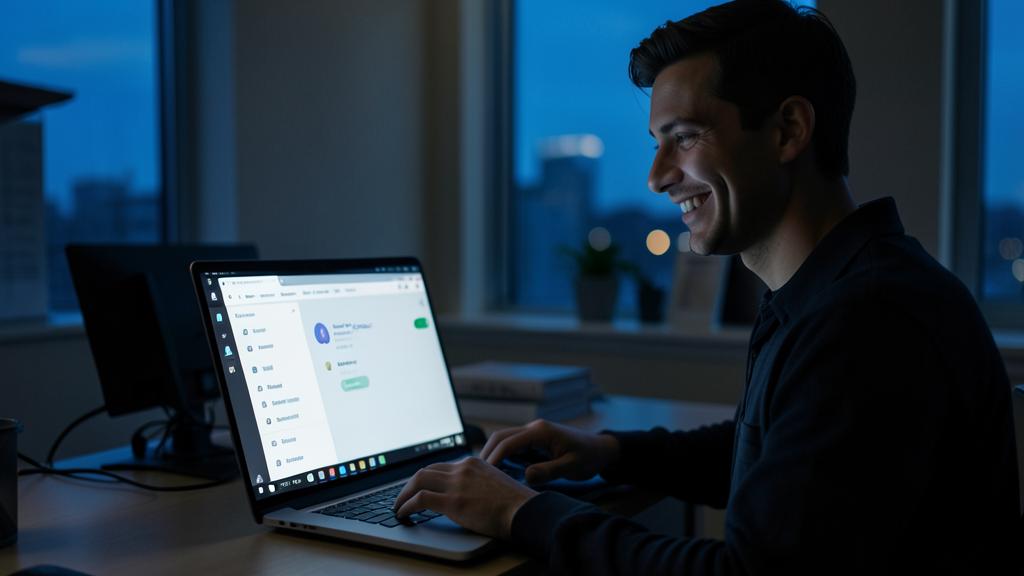 Un hombre sonríe mientras usa una computadora portátil que muestra una interfaz de software con un menú lateral.