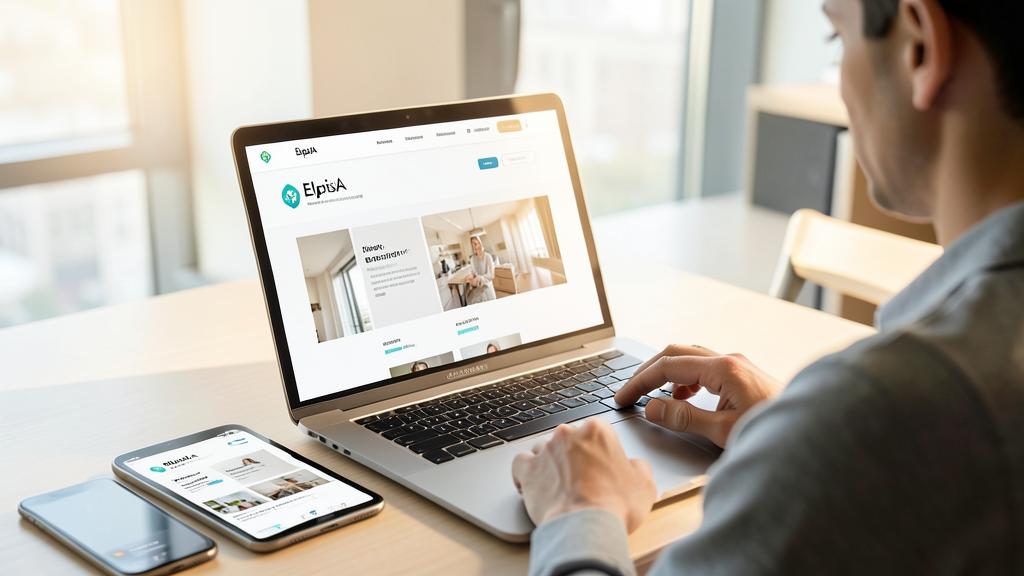 Un homme utilise un ordinateur portable, un smartphone et une tablette affichant tous le même site web.