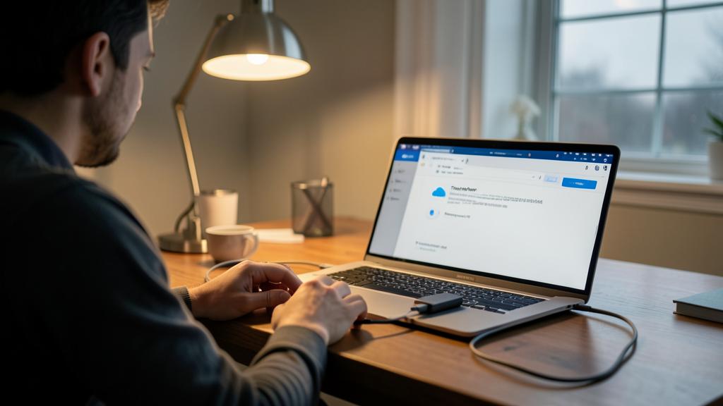 Un homme utilise un ordinateur portable avec une interface de sauvegarde cloud à l'écran.