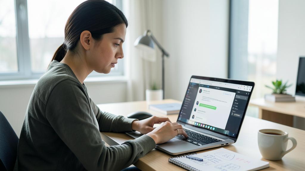 Une femme utilise un ordinateur portable avec une tasse de café et un carnet à proximité.