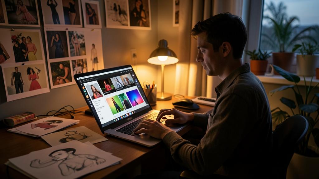 Un homme utilise un ordinateur affichant une grille d'images, entouré de croquis et de photographies.