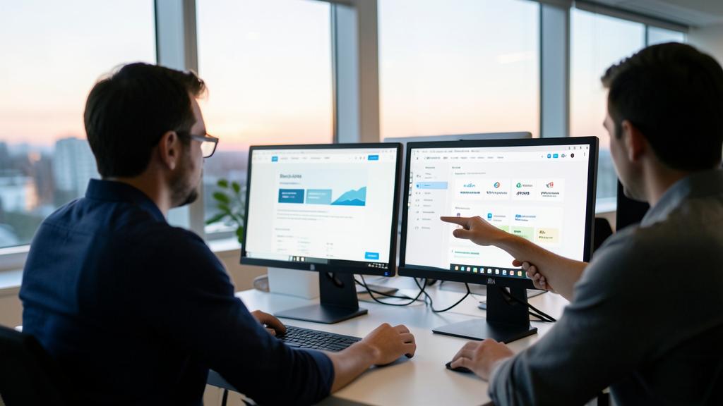 Deux hommes travaillent devant des écrans affichant des outils SEO et des analyses web.