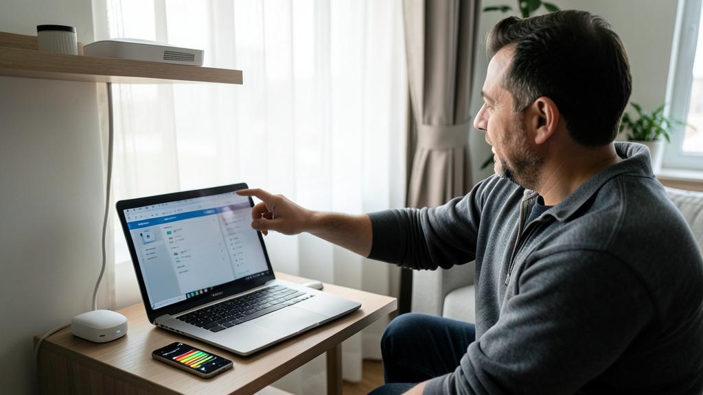 Ein Mann sitzt an einem Schreibtisch und zeigt auf den Bildschirm eines Laptops, mit einem Smartphone und einem kleinen weißen Gerät auf dem Tisch.