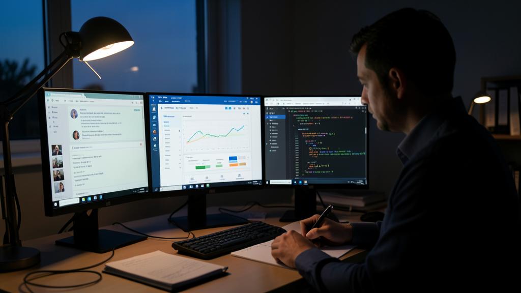 A man works at a desk with three monitors displaying code, data analytics, and messaging.
