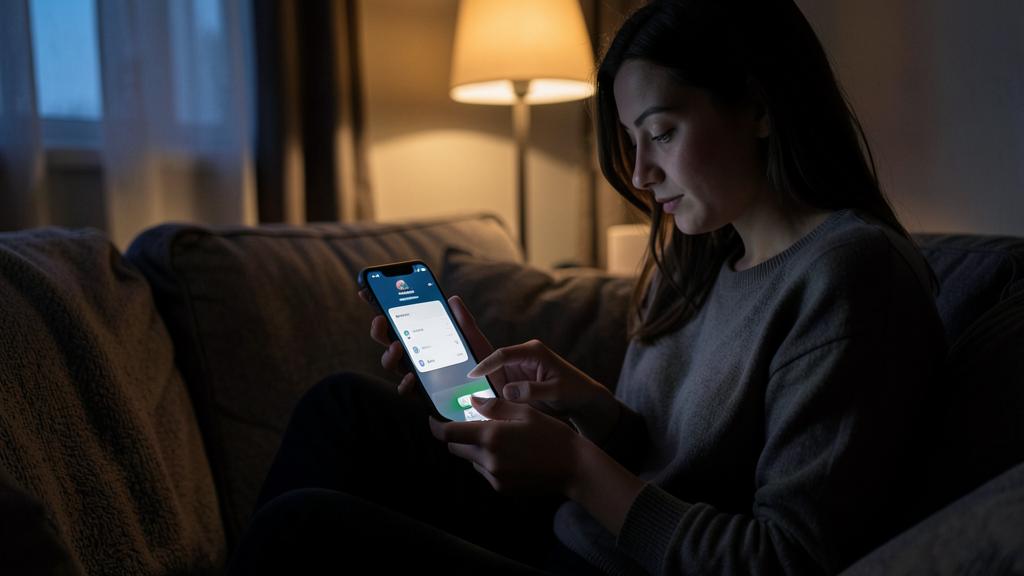 A woman is using a smartphone with the iOS interface in a dimly lit living room.