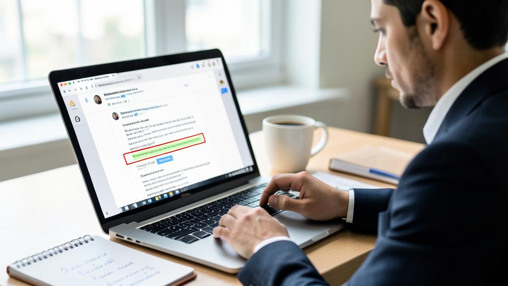 Un homme en costume utilise un ordinateur affichant une interface de messagerie avec un message mis en évidence.