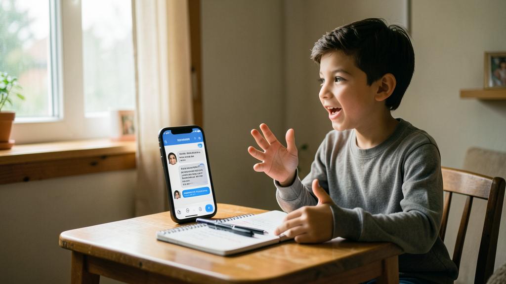 Un jeune garçon apprend une langue étrangère via un appel vidéo sur un smartphone, avec des notes devant lui.