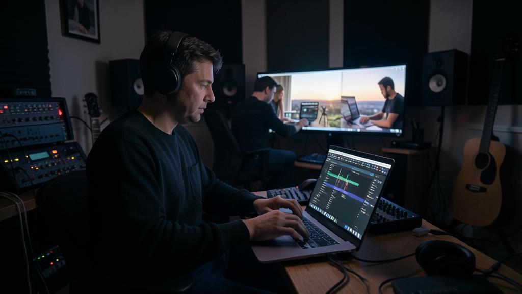Un hombre con auriculares trabaja en una computadora portátil con software de producción musical en un estudio tenuemente iluminado, con una gran pantalla mostrando un video de otra persona editando música.