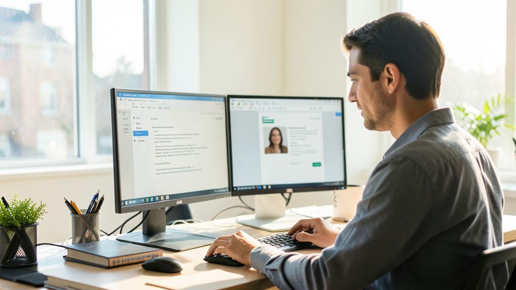 Un homme travaille à un bureau avec deux écrans, l'un affichant un email et l'autre un profil avec photo.