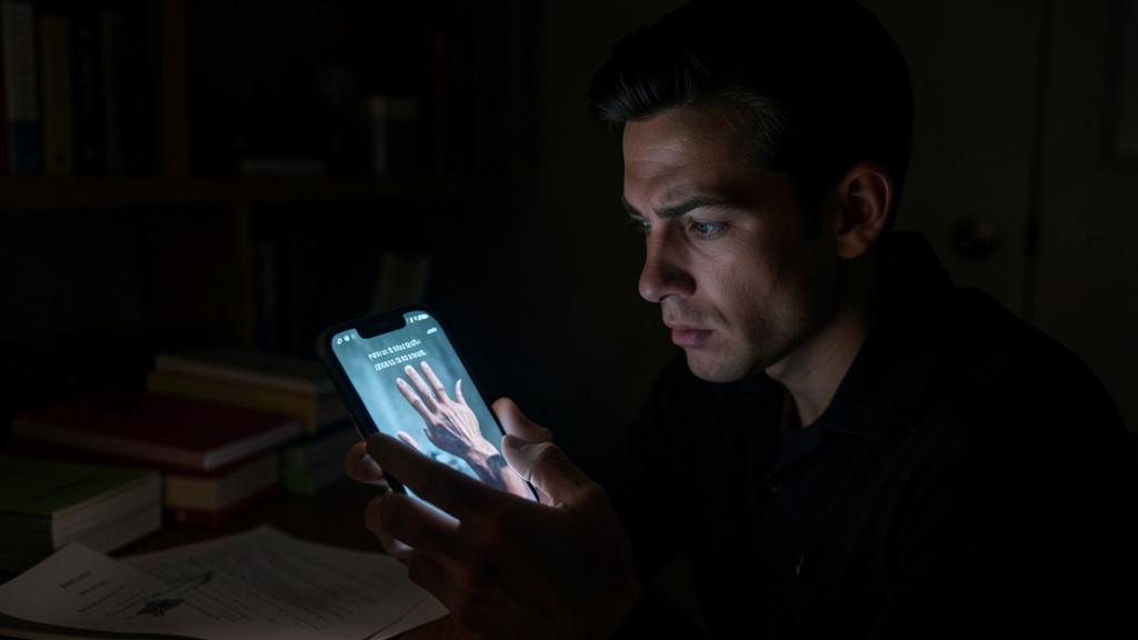 Un homme regarde son smartphone affichant une image et un texte générés par IA.