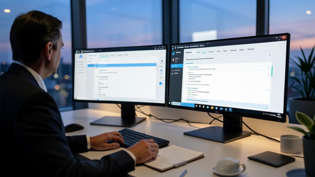 A man in a suit works at a desk with two monitors displaying AI assistant interfaces.