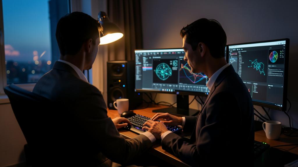 Deux hommes en costume travaillent devant des écrans affichant des visualisations de données et du code.