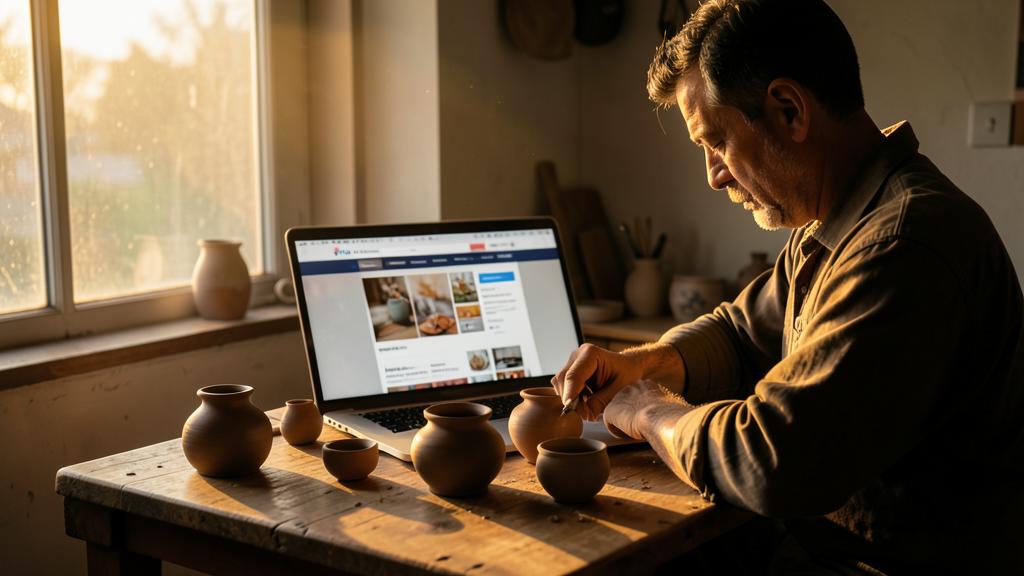 Ein älterer bärtiger Mann arbeitet an einem Laptop, der eine Töpferei-Website anzeigt, umgeben von Tongefäßen.