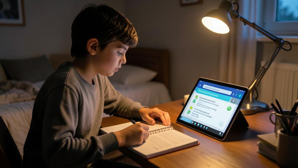 Un niño pequeño estudia en un escritorio con una tableta mostrando una aplicación de aprendizaje de idiomas y un cuaderno, iluminado por una lámpara de escritorio.