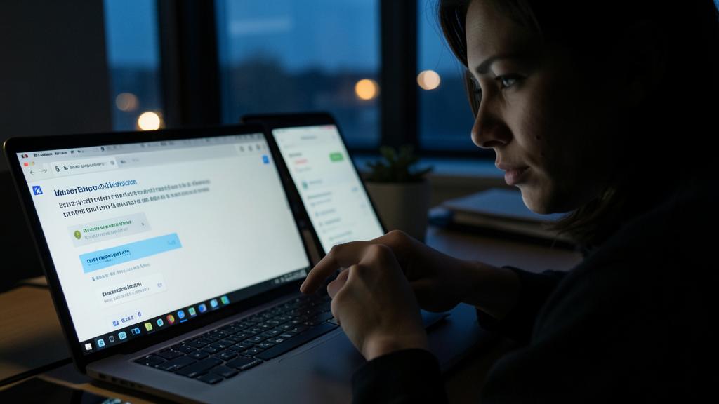 Une personne utilise un ordinateur dans une pièce faiblement éclairée, l'écran affichant un message de phishing.