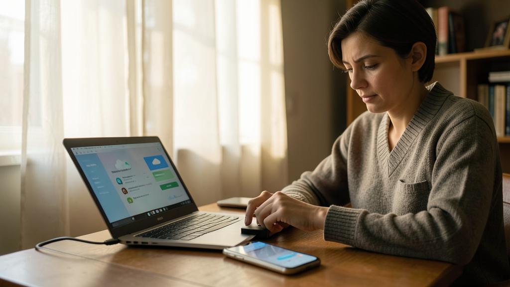 Une femme utilise un ordinateur portable affichant une interface de sauvegarde cloud, avec un smartphone à proximité.