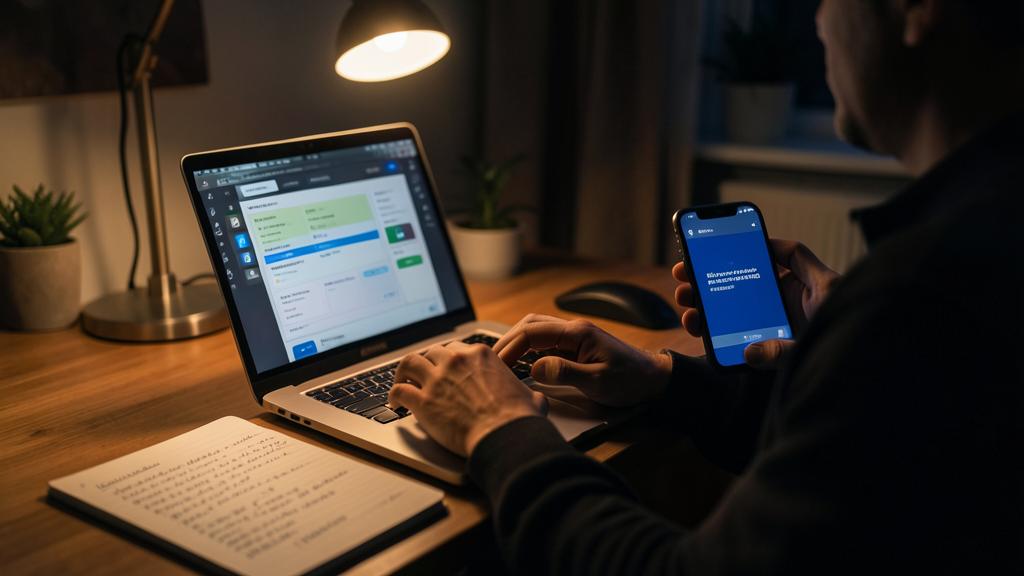 Une personne utilise un ordinateur portable et un smartphone affichant une interface de gestionnaire de mots de passe.