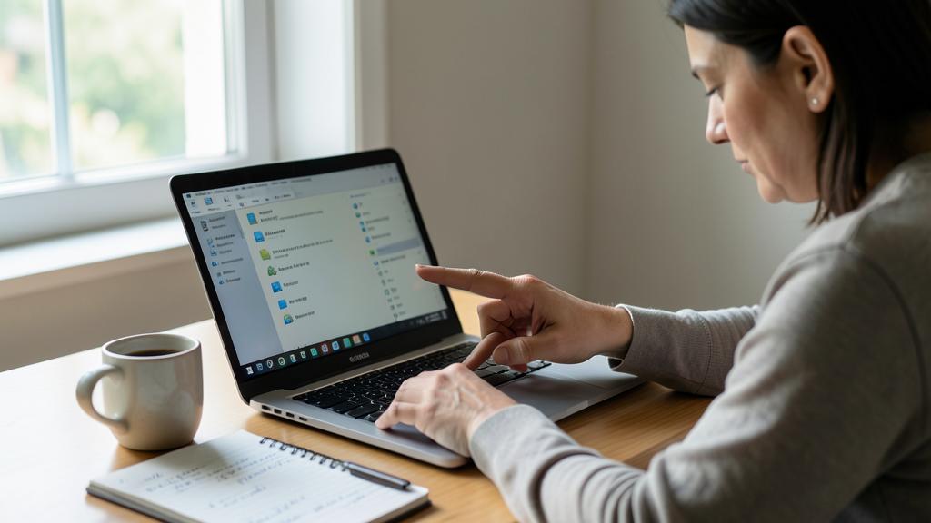 Une femme utilise un ordinateur portable avec un gestionnaire de fichiers à l'écran, un carnet et une tasse de café sur le bureau.
