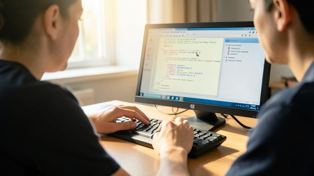 Deux personnes travaillent ensemble sur un ordinateur affichant du code dans un environnement de développement.