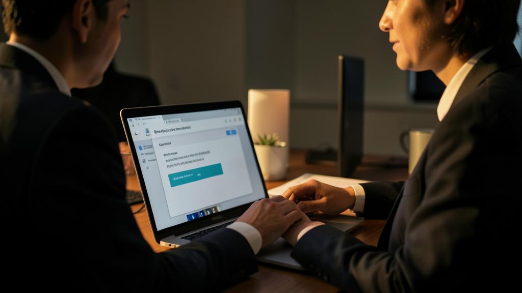 Two professionals working together in front of a laptop displaying a file-sharing interface.