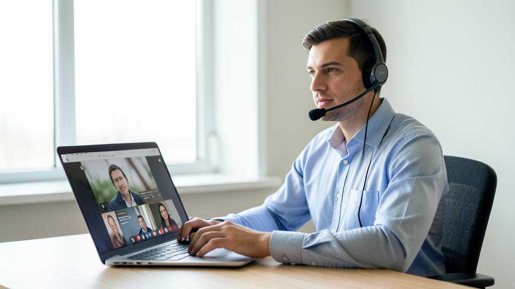 Un homme porte un casque audio et participe à une visioconférence sur son ordinateur portable.