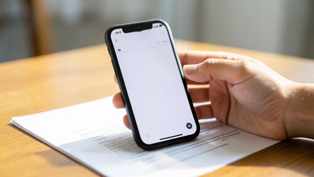 A hand holds a smartphone over a document with the camera app open.