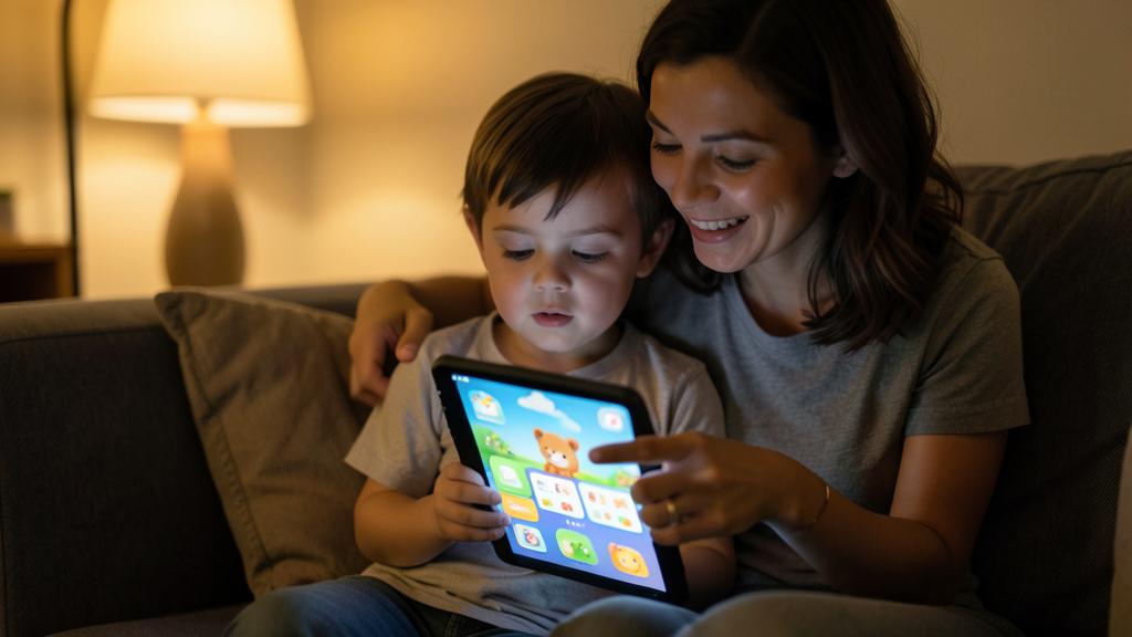 Une femme et un enfant regardent une tablette ensemble sur un canapé.