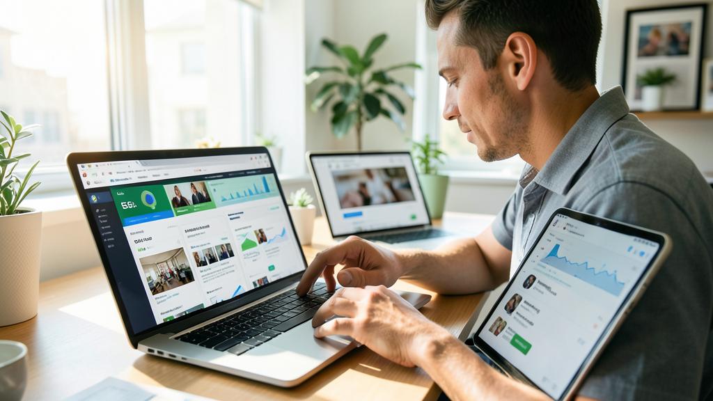 A man is working at a desk with a laptop and tablet displaying analytics dashboards.