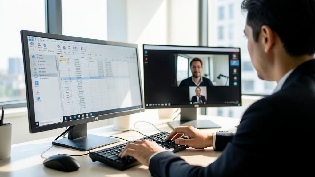Ein Mann im Anzug arbeitet an einem Schreibtisch mit zwei Monitoren, einem mit einer Tabelle und dem anderen mit einer Videokonferenz.