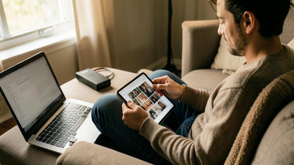 Un homme utilise une tablette pour parcourir des photos, un ordinateur portable ouvert à côté.