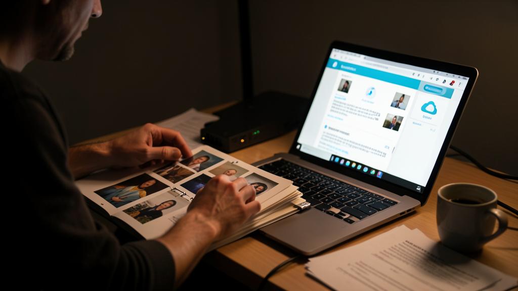 Une personne utilise un ordinateur portable tout en manipulant un album photo, avec une tasse et des papiers sur le bureau.