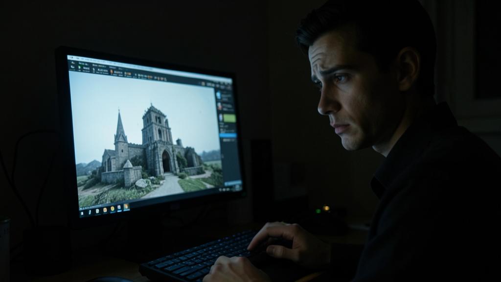 Un homme observe une image d'église en pierre sur un écran d'ordinateur.