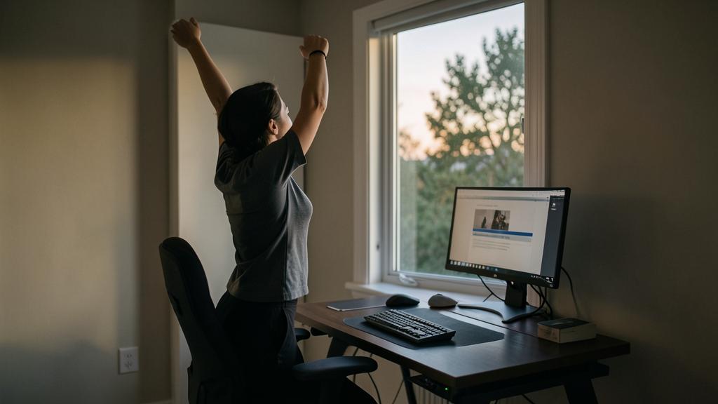 Une personne s'étire devant un bureau avec un ordinateur, vue de dos, avec une fenêtre montrant des arbres et la lumière du coucher de soleil.