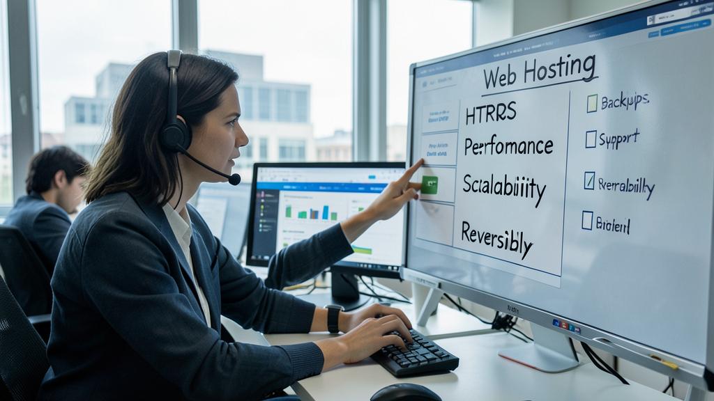 Eine Frau mit Headset zeigt auf einen Bildschirm mit einer Checkliste für Webhosting.