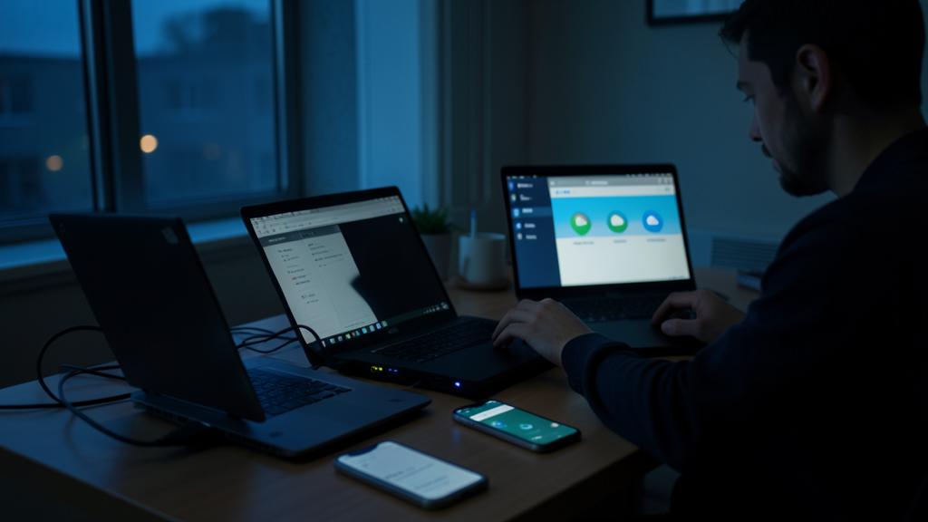 Ein Mann arbeitet an einem Schreibtisch mit drei Laptops und zwei Smartphones, ein Bildschirm zeigt eine Cloud-Backup-Oberfläche.