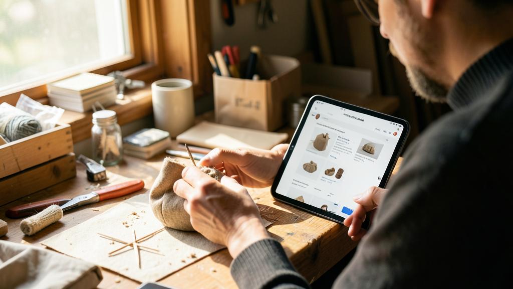 Eine Person nutzt ein Tablet, um einen Online-Marktplatz zu durchstöbern, während sie an einem Bastelprojekt an einem Holztisch arbeitet.