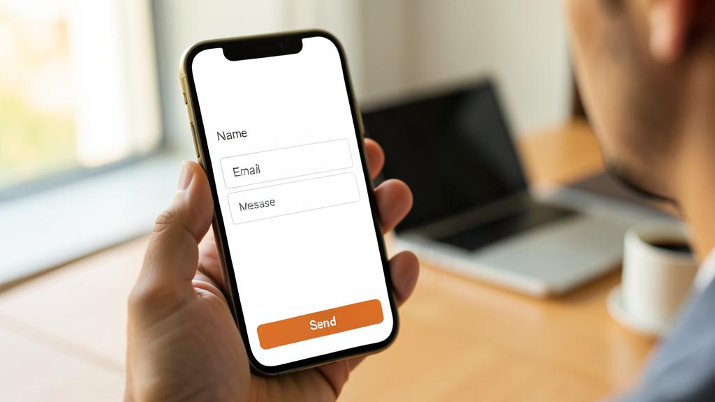 Une personne tient un smartphone affichant un formulaire de contact avec les champs Nom, Email, Message et un bouton Envoyer.