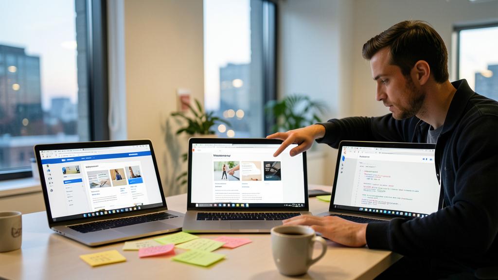 Un homme travaille à un bureau avec trois ordinateurs affichant des interfaces de conception web différentes.