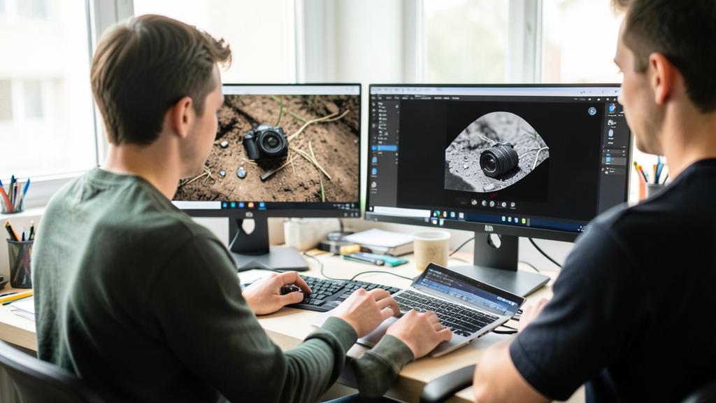 Deux hommes travaillent devant des écrans affichant des logiciels de retouche photo.