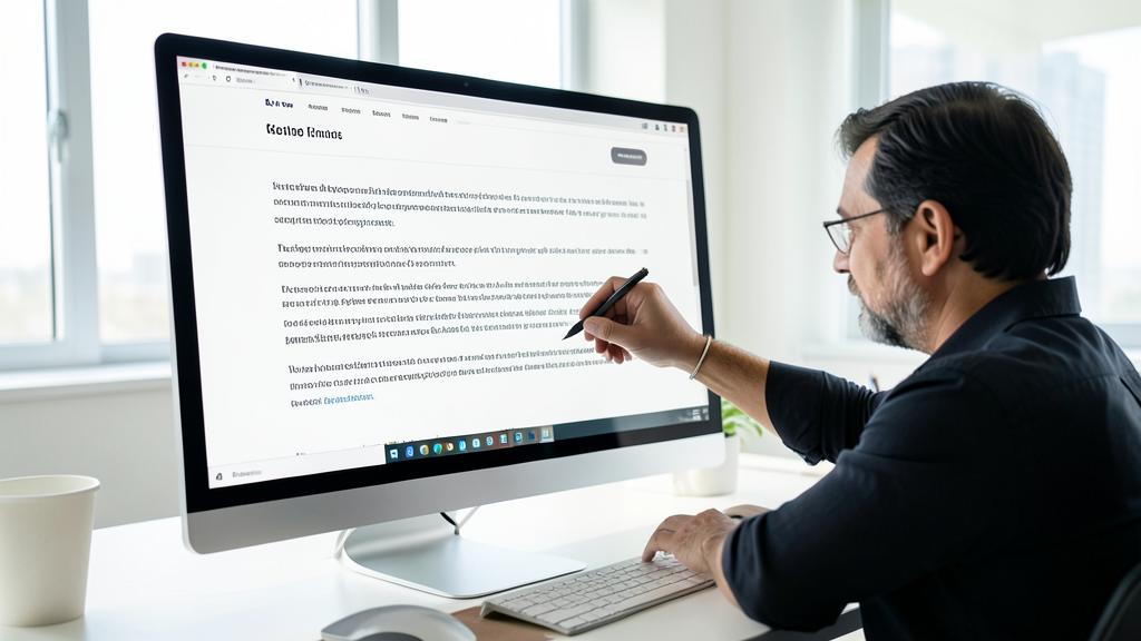 Un homme utilise un stylet sur un écran affichant une page web avec du texte.