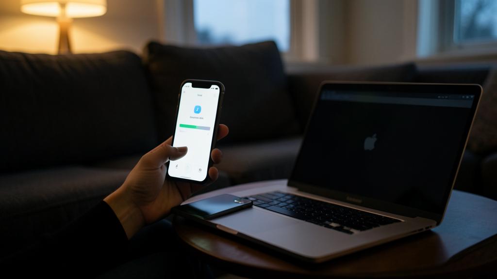 A person holds an iPhone displaying the iCloud Backup interface next to a booting MacBook.