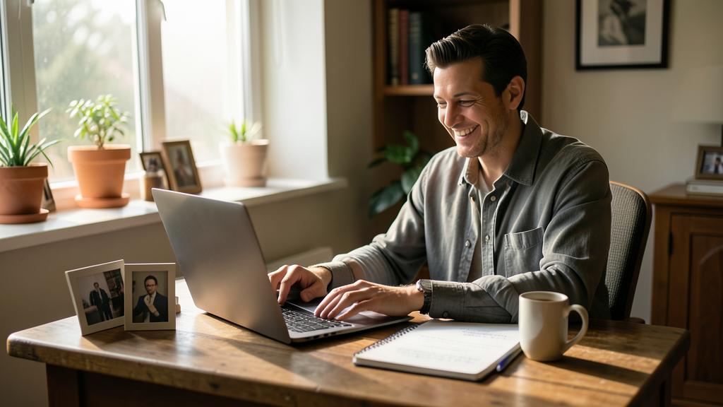 Un homme sourit en travaillant sur un ordinateur portable dans un bureau à domicile.