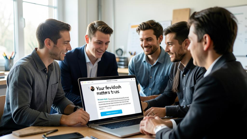 Cinq hommes sourient devant un ordinateur affichant une plateforme d'avis clients.