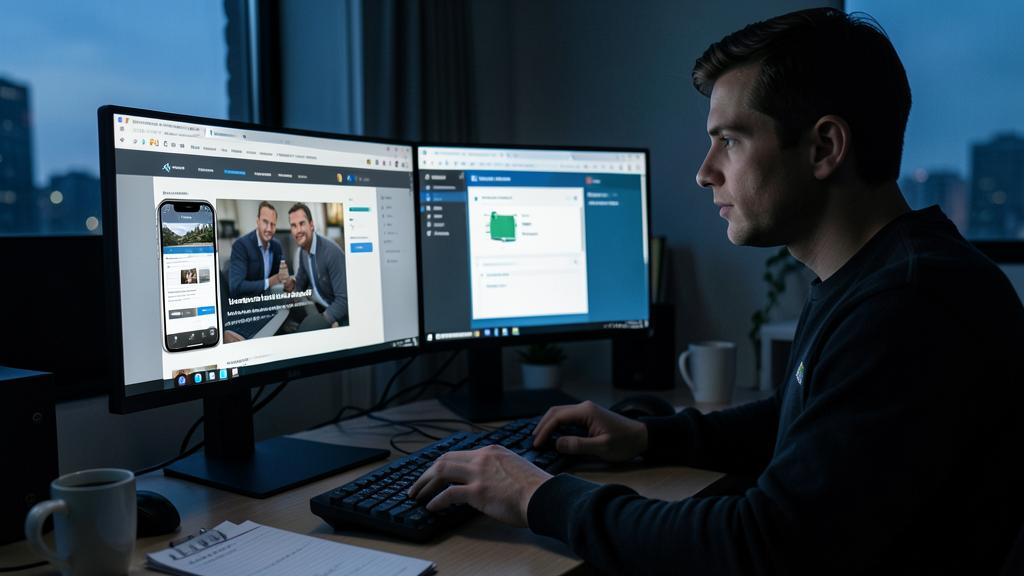 Un homme travaille sur un site web avec un double écran, l'un affichant un design et l'autre un tableau de bord.